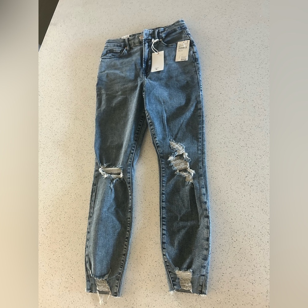 Good American Women's Blue Distressed high waisted skinny Jean size 2/26 NWT